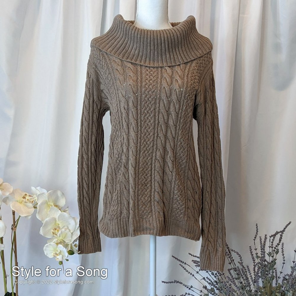 Jeanne Pierre Mocha Brown Cowl Neck Cable Knit Sweater L